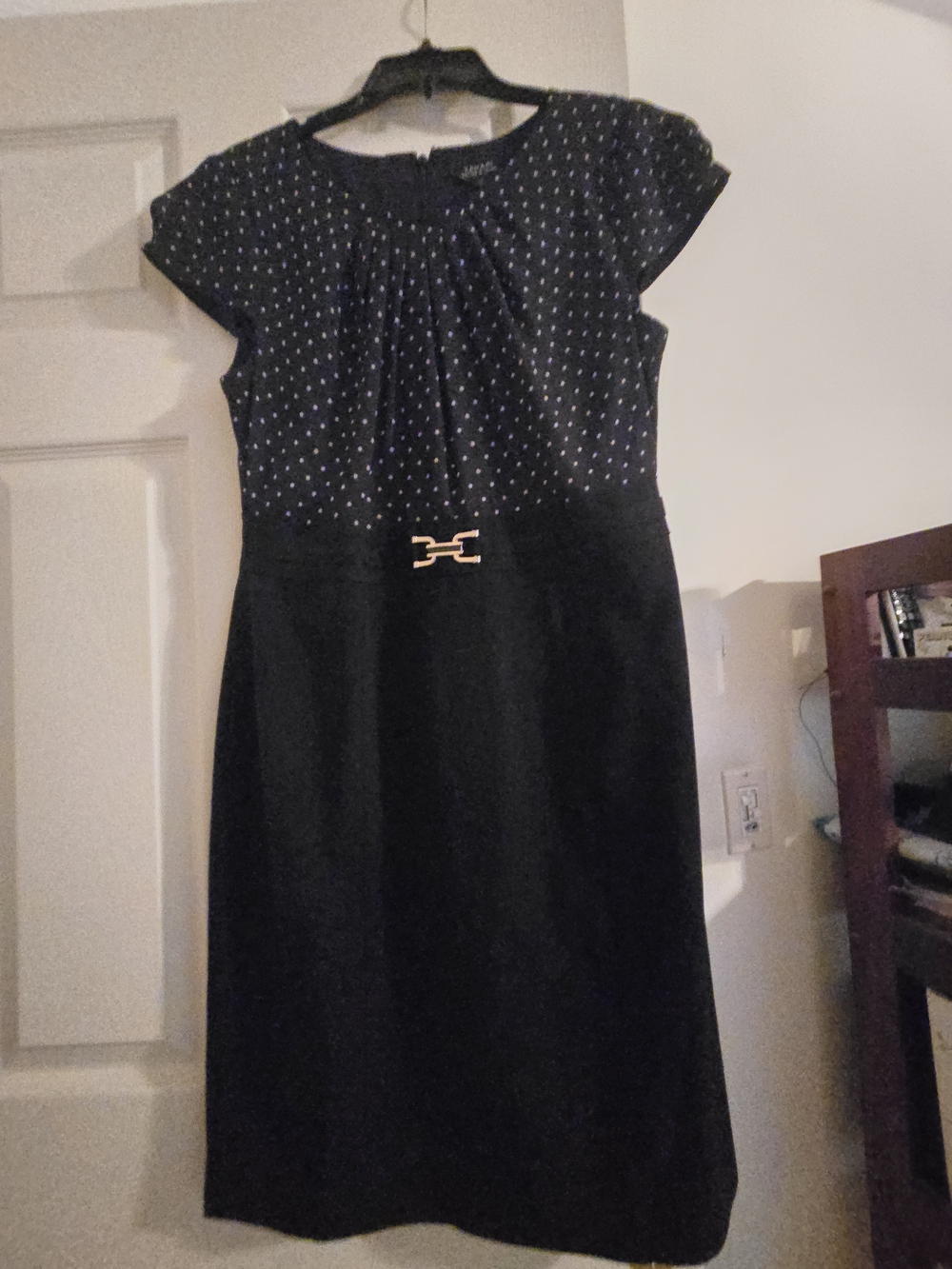 Classy And Flattering Tahari Black Polka Dot Fit & Flare Dress with Gold Accent